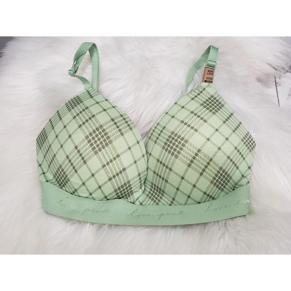 NEW PINK‎ Victoria's Secret Bra 32DD Wireless Pushup Wear Everywhere Plaid Green